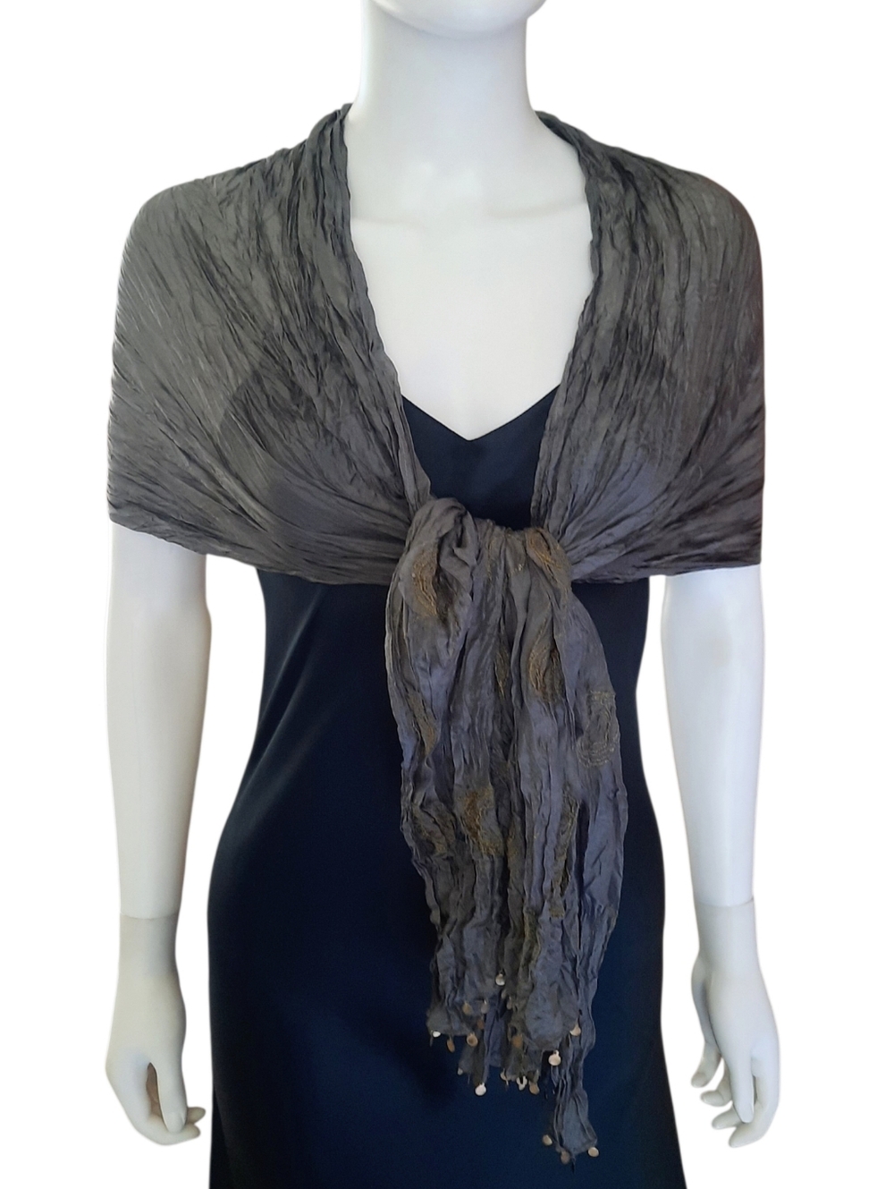 EILEEN FISHER Grey Embroidered Crinkled Whisper Silk Scarf w/Paillettes 24"x72"